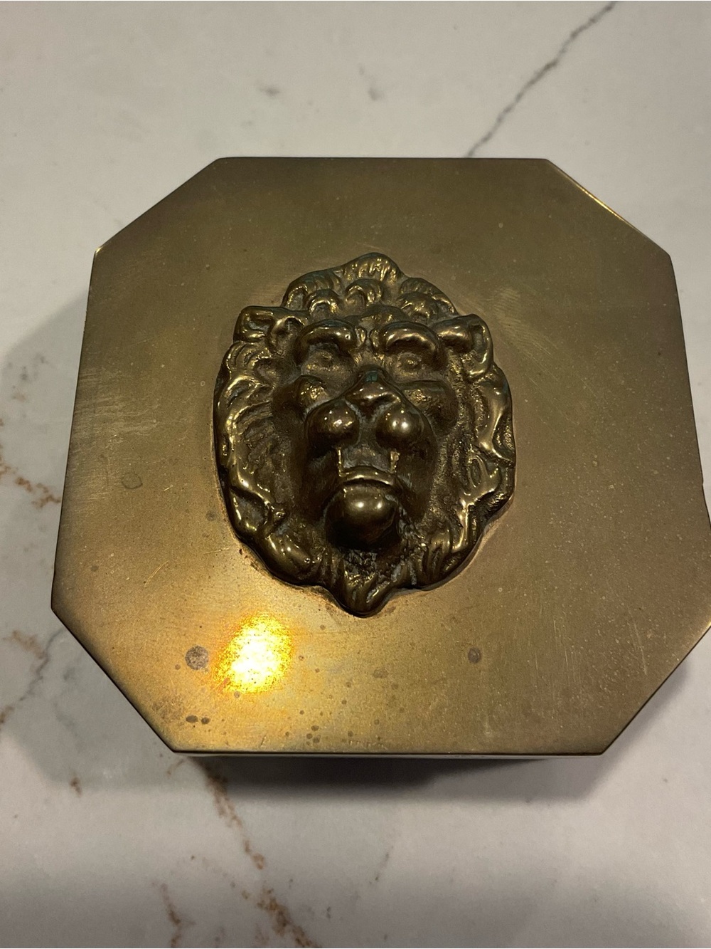 Vintage Solid Brass Lion Head Octagonal Trinket Box